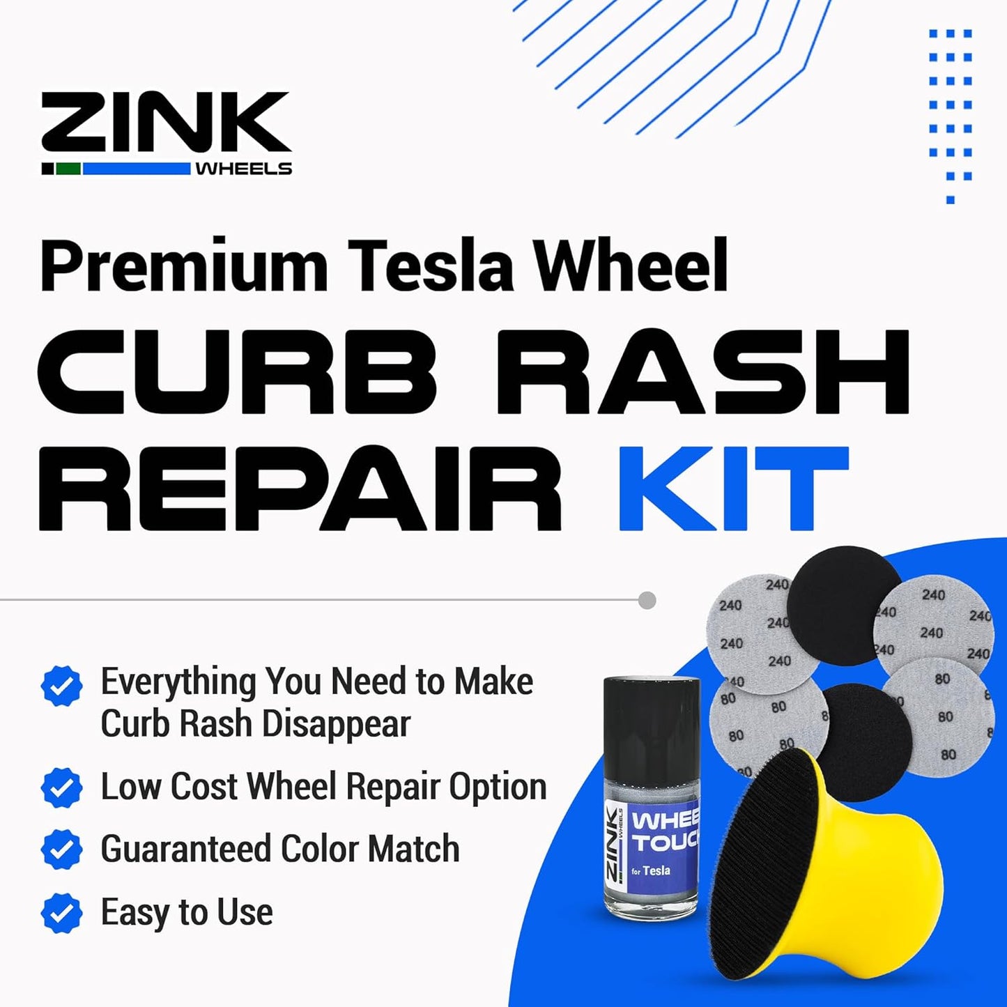 Premium Tesla Wheel Curb Rash Repair Kit for Model X 20-inch Silver Slipstream Rims - DIY Kit with Color-matched Touch Up Paint - Made in USA