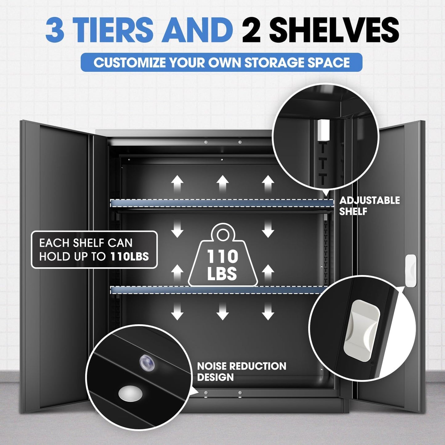 DNA MOTORING Metal Storage Cabinet, 36'' Locking Cabinet with 2 Doors and 2 Adjustable Shelves, Metal Cabinet Heavy Duty Utility Cabinet for Garage,Office,Home,Gym, Black, TOOLS-00631-BK-BK