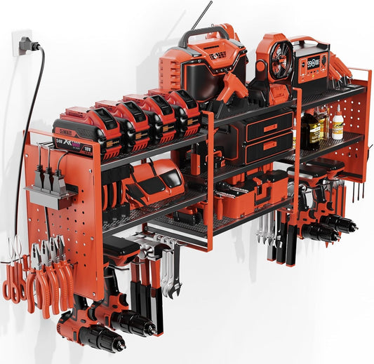 Power Tool Organizer with Charging Station Wall Mount, 3 Layer Expanded Heavy Duty Garage Organization, 48.8 Inch Length Garage Tool Storage, 4 Drill Slot, 16" Standard Hole, Red