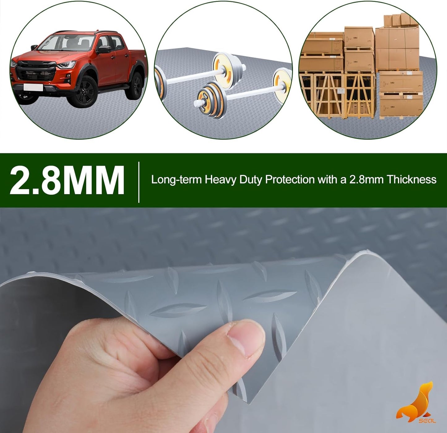 SEAL 4 x 20 Ft Premium Garage Floor Mat, Solid 2.8mm Thick Gray Commercial Grade Heavy Duty Parking Mat for Garage Floor, Golf Cart Parking, Water/Stain Resistant Floor Runner (Embossed Diamond Plate)