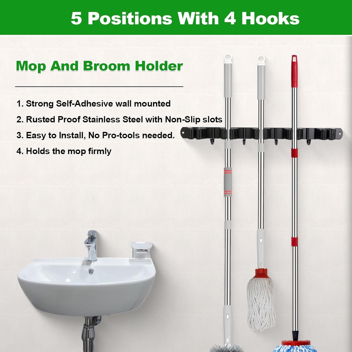 voze [2 Pack] 5 Racks and 4 Hooks Mop and Broom Holder Wall Mount, Self Adhesive Heavy Duty Broom Organizer Storage Tool Racks for Kitchen Garden Laundry Garage Black