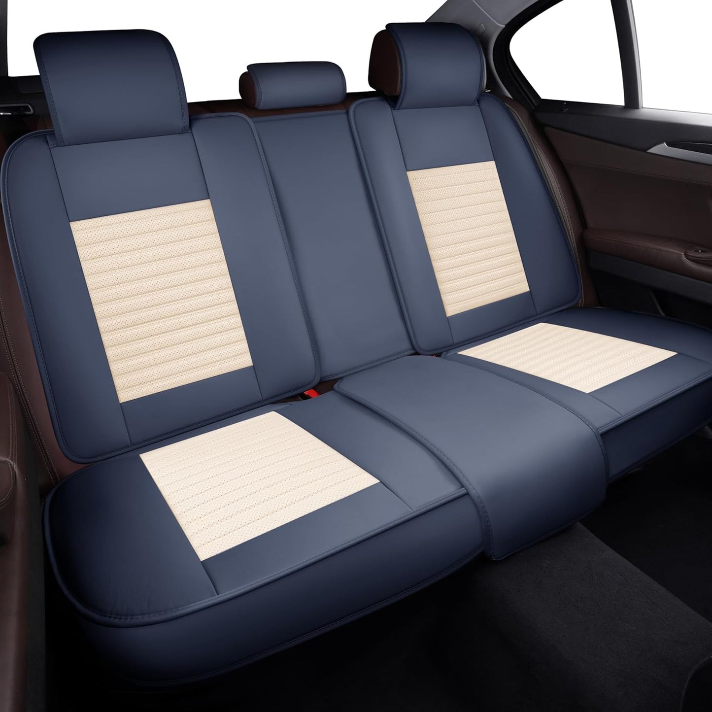 LINGVIDO Car Seat Covers, Breathable and Waterproof Faux Leather Automotive Seat Covers for Cars SUV Truck Sedan,Universal Anti-Slip Seat Cover with Backrest (Full Set, White & Blue)