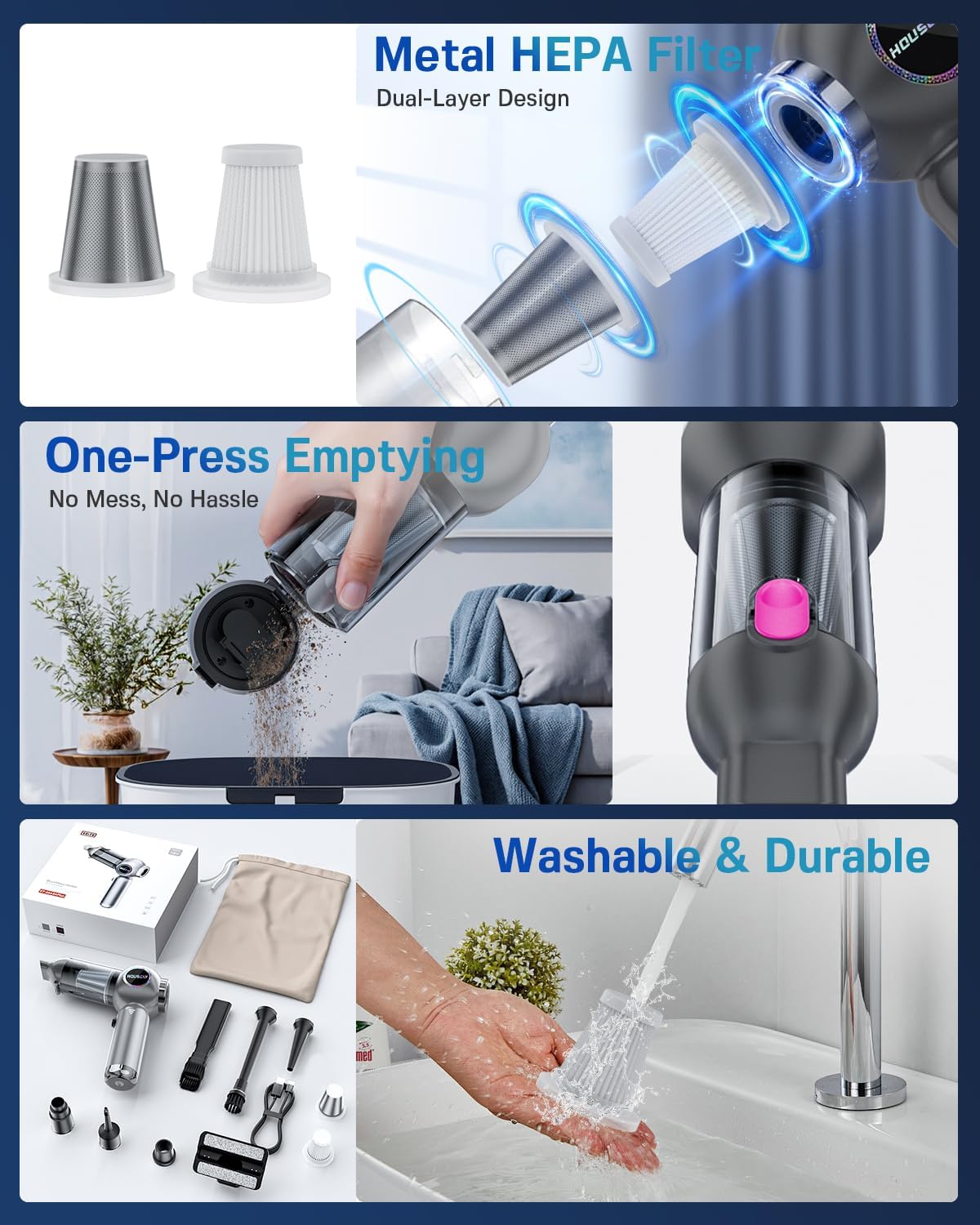 Handheld Car Vacuum Portable Cordless 25000Pa High Power Small Mini Hand Vacuum Cleaner Rechargeable 4-in-1 Compressed Air Duster Blower Pump Wireless Handheld Vac for Car Office Desktop Home Cleaning