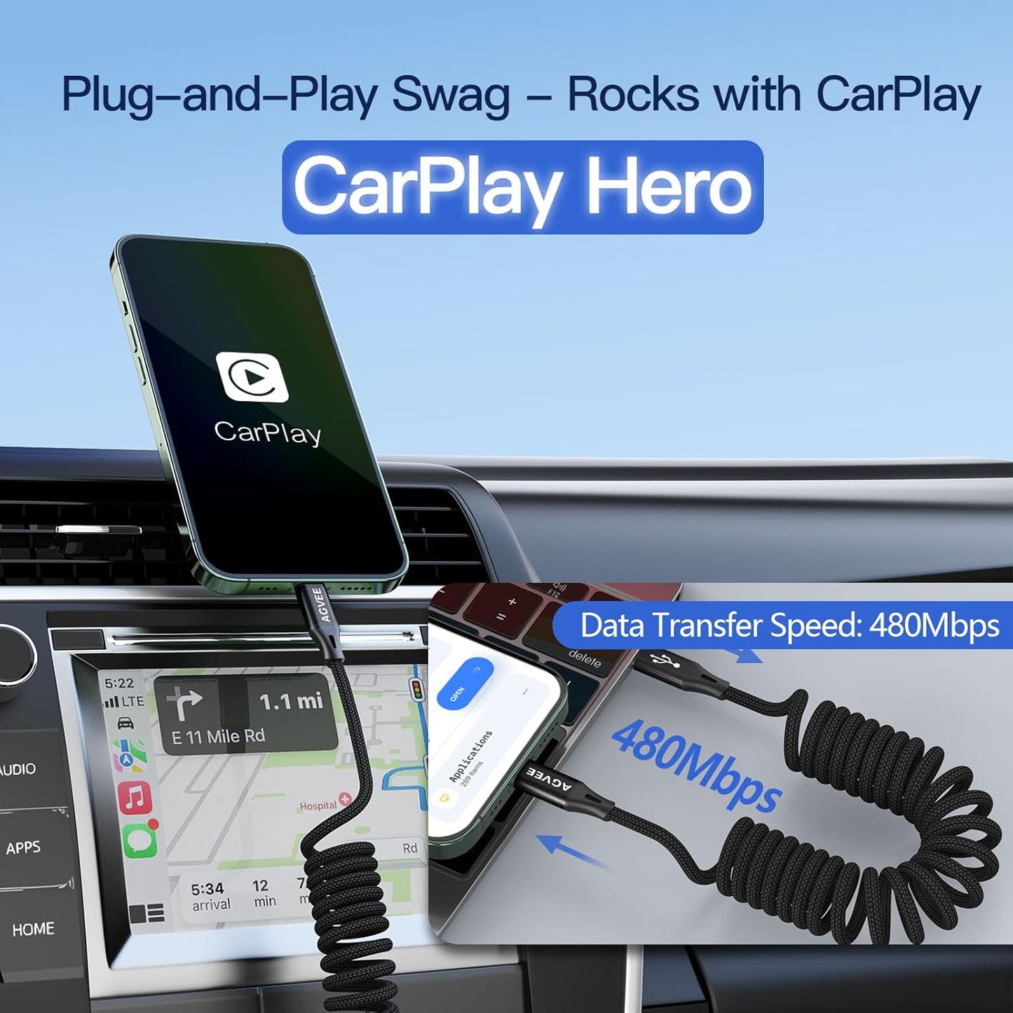 AGVEE 2 Pack 3ft Coiled Short USB-C to Lightning Charging Cable [MFI Certified] 30W PD Fast Charger Cord in Car for iPhone 14/13/12/11/XS/8/7/6/5 CarPlay, iPad, iPod, Black