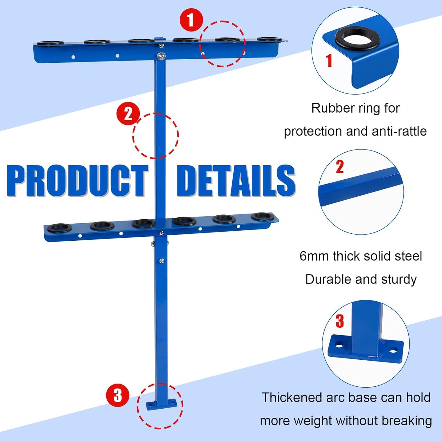 Vertical Hand Rack for Enclosed Landscaping Truck Trailer Garage or Shed Walls Holds 6 Tools for Shovels, Rakes, Hoes, Open Trailer Storage, 1 Pack (Blue)