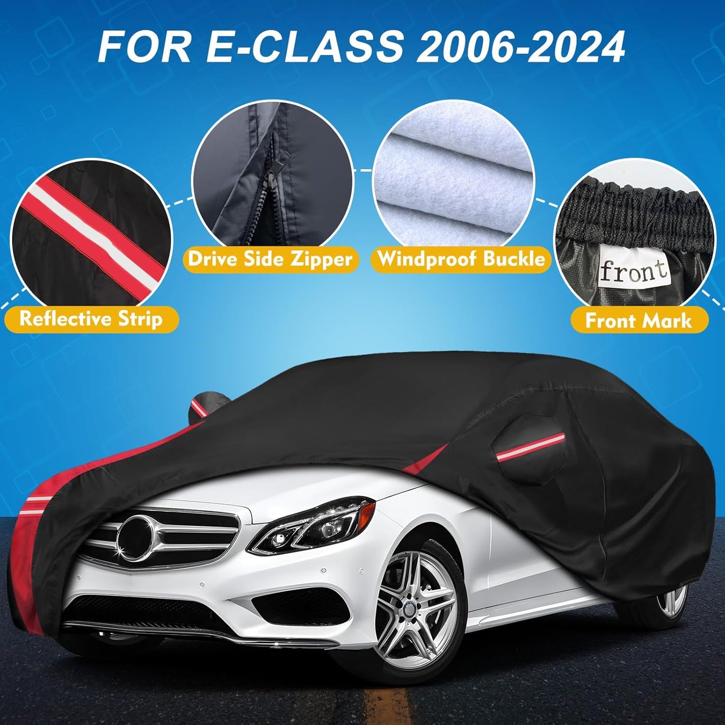 QUNSUNUS 6 Layer Car Cover for Mercedes Benz E-Class Sedan 2006-2024 Waterproof All Weather 210D Windproof for Mercedes Benz E 350 Car Cover Hail Protection with Zipper