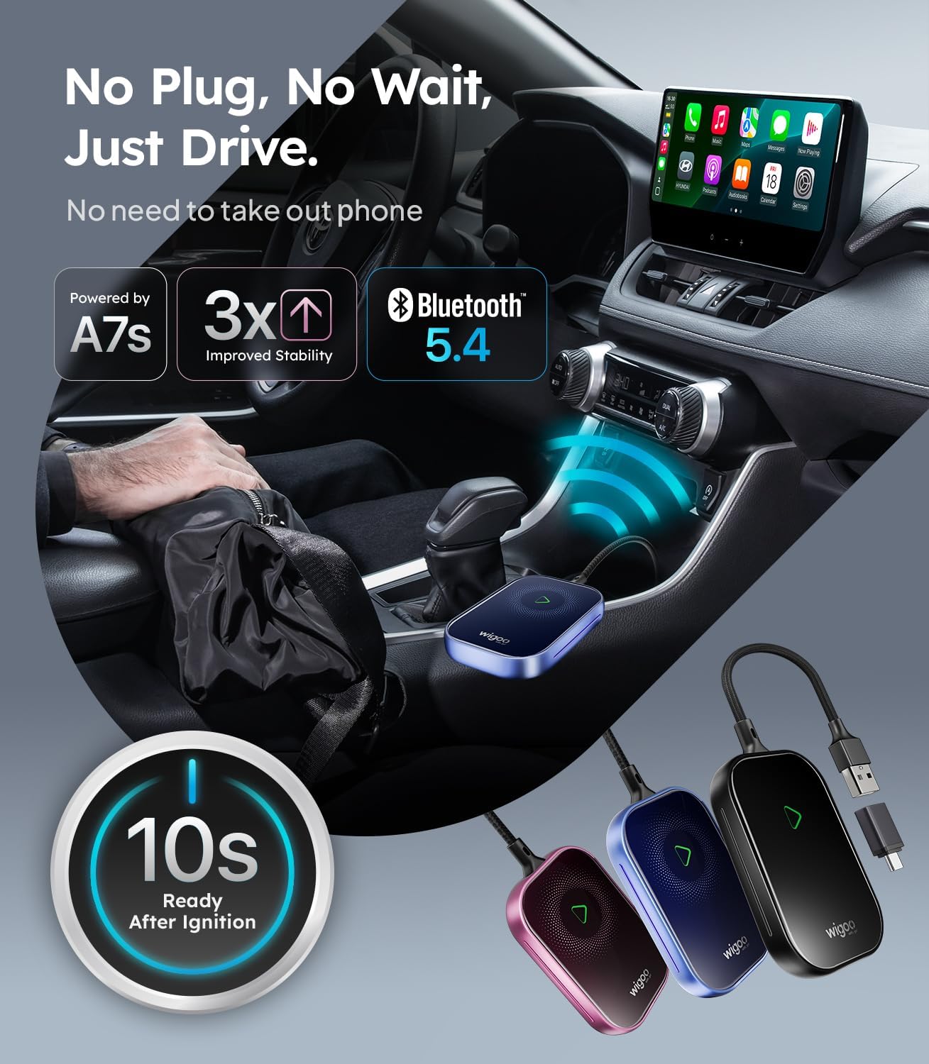Wigoo 2025 Upgrade Wireless CarPlay Adapter for iPhone [Long-Drive Stability, 10s Connect, Easy Use] Converts Wired to Wireless, Low Delay CarPlay Dongle, Fit for Cars with Wired CarPlay, Blue