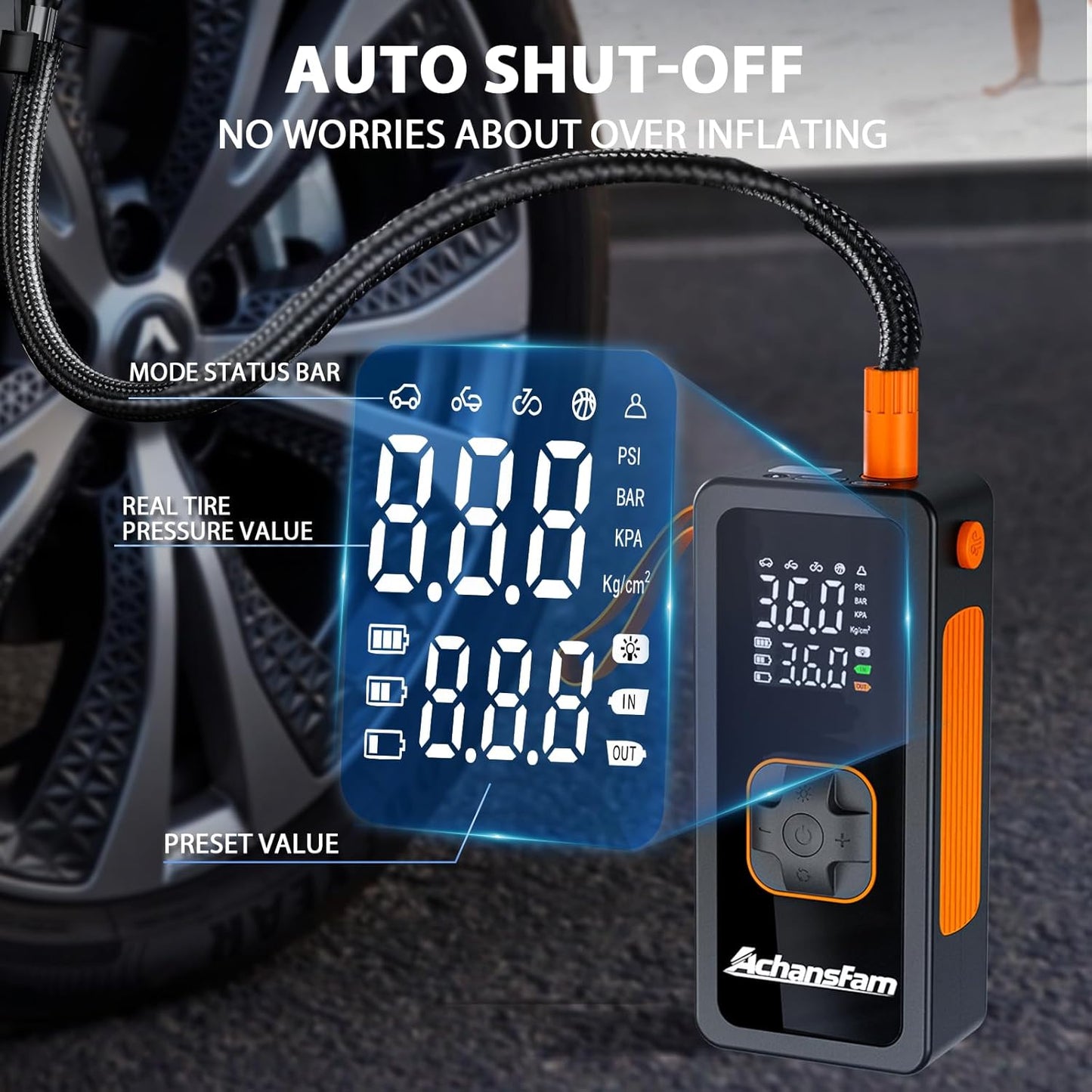 150PSI Tire Inflator Portable Air Compressor - Air Pump with Digital Pressure Gauge, LED Light, Auto Shut-Off Function - Cordless Pump for Car, Motorcycle, Bicycle, Balls and Car Accessories