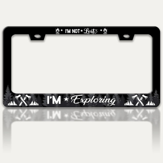 I'm Not Lost I'm Exploring License Plate Frame Adventure Forest License Plate Holders Funny Stainless Steel Auto Accessory Bracket 2 Hole with Screws Universal Us Car License Plate Frames 6x12 Inch