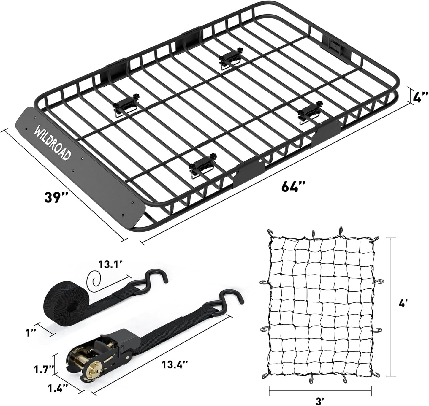 WILDROAD Car Roof Cargo Carrier Combo of Upgraded 64"x 39"x 4" Roof Rack Cargo Basket, Super Duty Bungee Cargo Net. Universal Car Top Luggage Holder Carrier Basket Fits for SUV Truck Cars