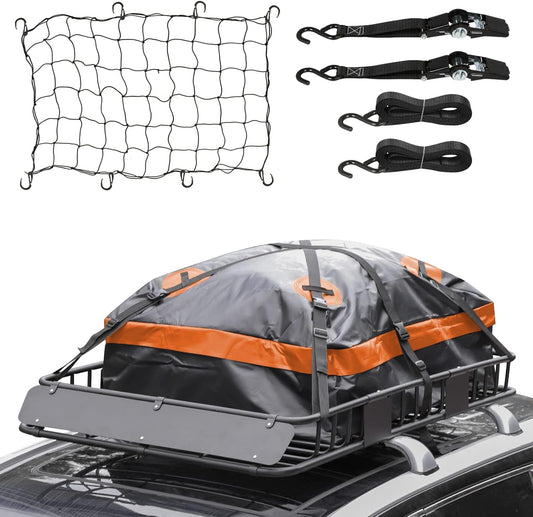WEIZE 54" x 34" x 6" 200lb Heavy Duty Roof Rack Carrier Basket with Waterproof Bag, Cargo Net and Ratchet Straps, Universal Car Top Luggage Holder for SUV, Truck