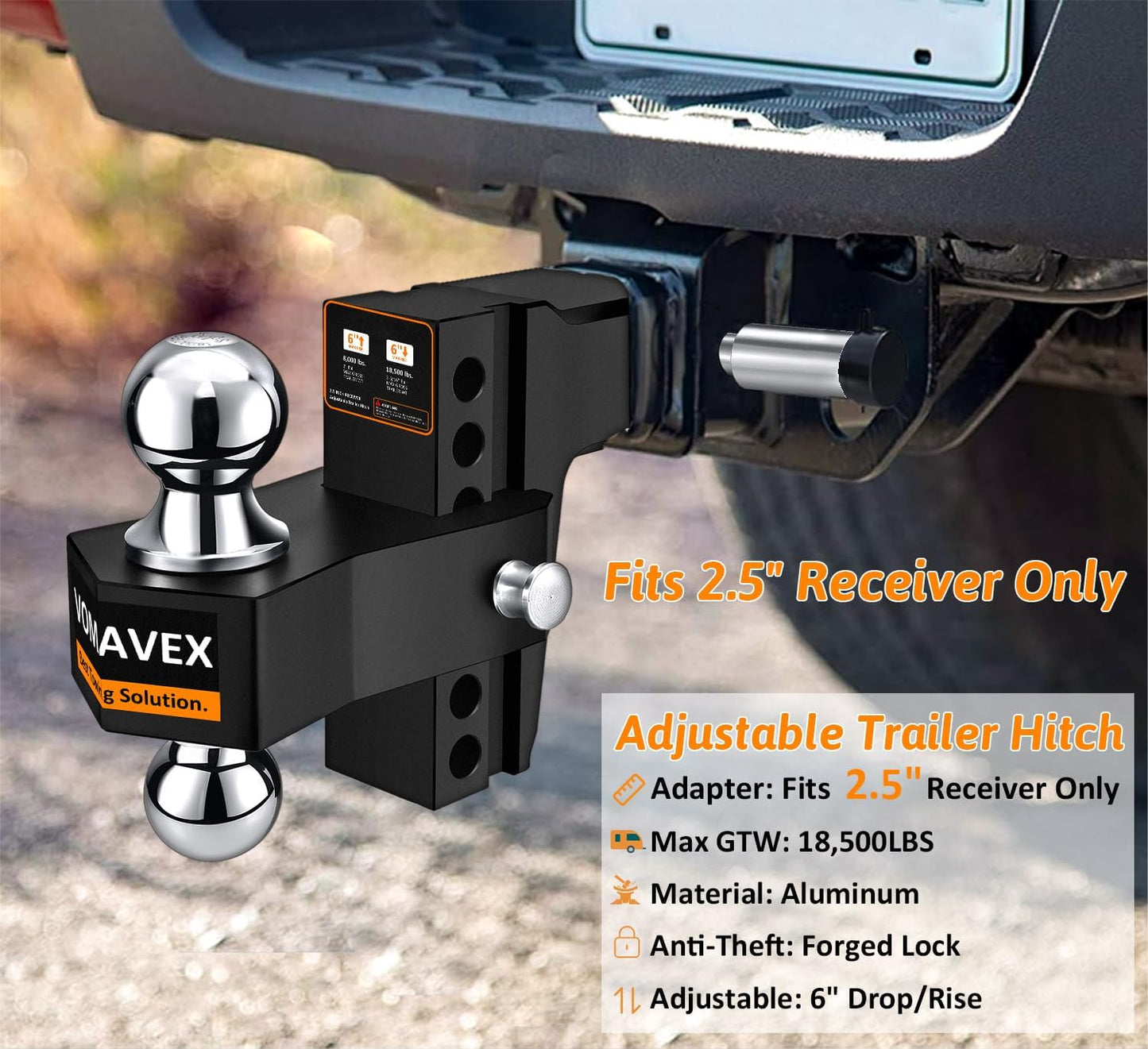 Adjustable Trailer Hitch-Drop Hitch Fits 2.5-Inch Receiver -6" Drop/Rise Tow Hitch with 2" and 2-5/16" Tow Balls-18,500GTW with Double Anti-Theft Pins Locks, Black
