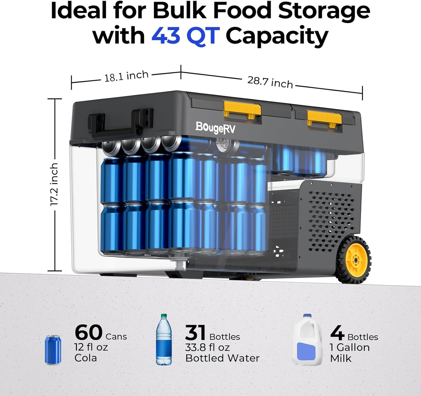 BougeRV 12 Volt Car Refrigerator, CRD2 43 Quart Portable Fridge Freezer with APP Control, -4℉ to 68℉ Dual Zone Compressor Electric Cooler 12/24V DC, 110~240V AC for Overlanding, Camping, RV, Truck