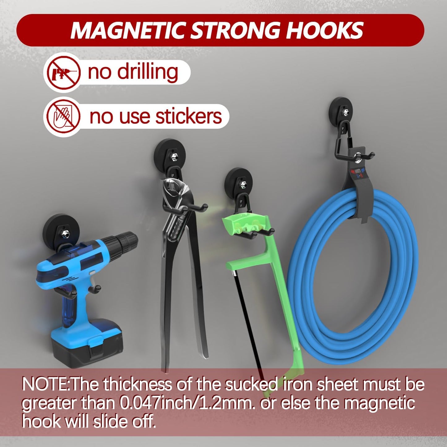 3-H Heavy Duty Magnet Garage Hooks 4 Pack, Large Strong Magnetic Hooks for Hanging Cordless Power Drill, Utility Magnetic Tool Holder for Metal Cabinet, Steel Pegboard, Toolbox, Garage(Black)
