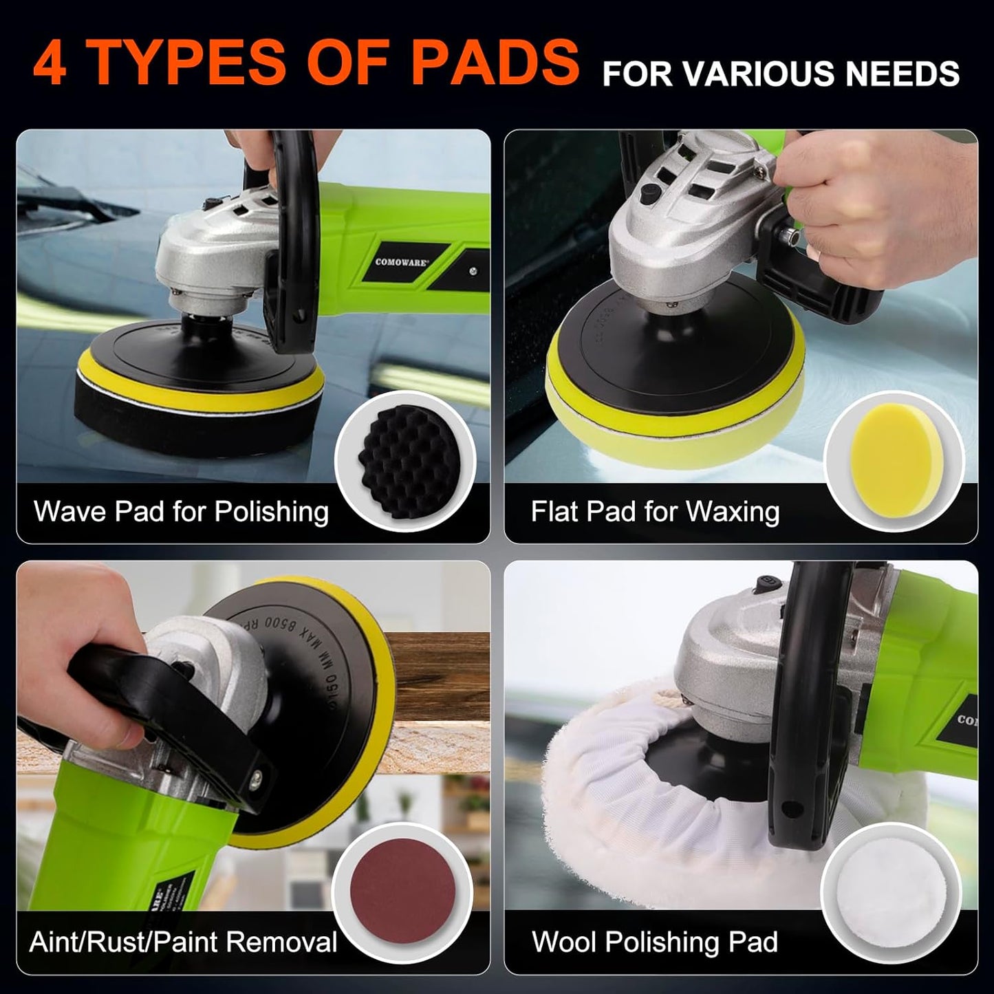 COMOWARE 1300W Professional Car Buffer Polisher - 6-Speed Adj. (600-4000 RPM) with 7"/6" Backing Plates, Auto Detailing Tool for Sanding/Waxing/Polishing by Professionals