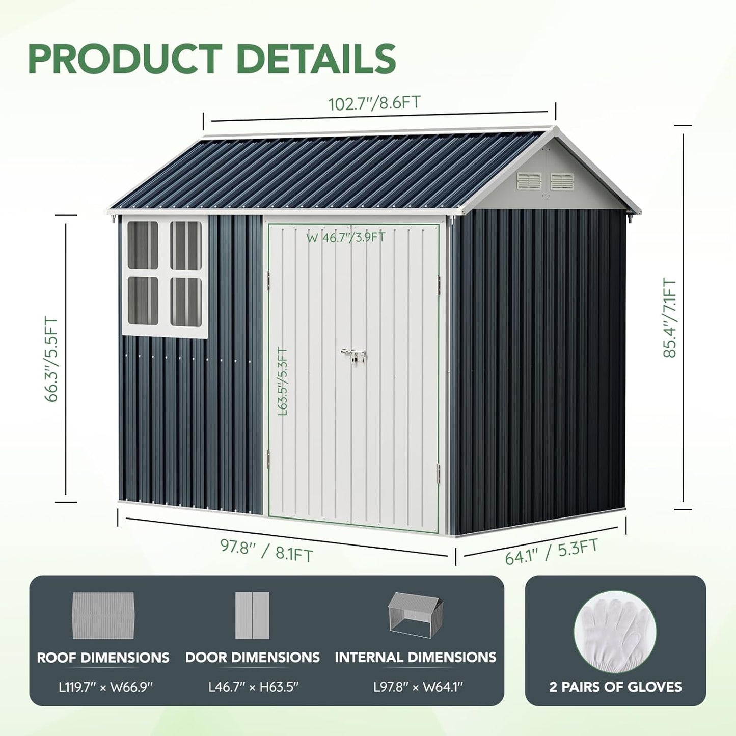 8X6FT Outdoor Steel Storage Shed with Lockable Doors, One Window, No Base, Ideal for Garden, Backyard, Patio Storage