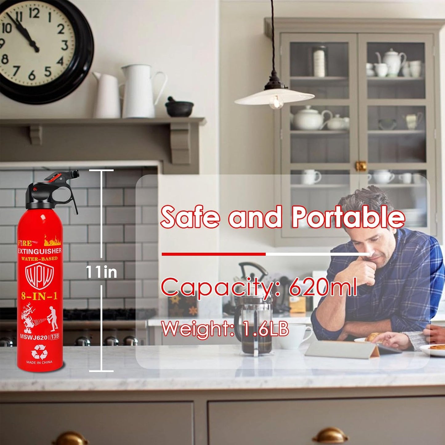 WPW 620ml Large Upgraded 8-in-1 Fire Extinguisher for Home with Wall Mount Portable Fire Extinguisher For Vehicle Car Boat Kitchen Emergency Supplies, Water-Based Solution For A, B, C, K Fire (3 Pack)