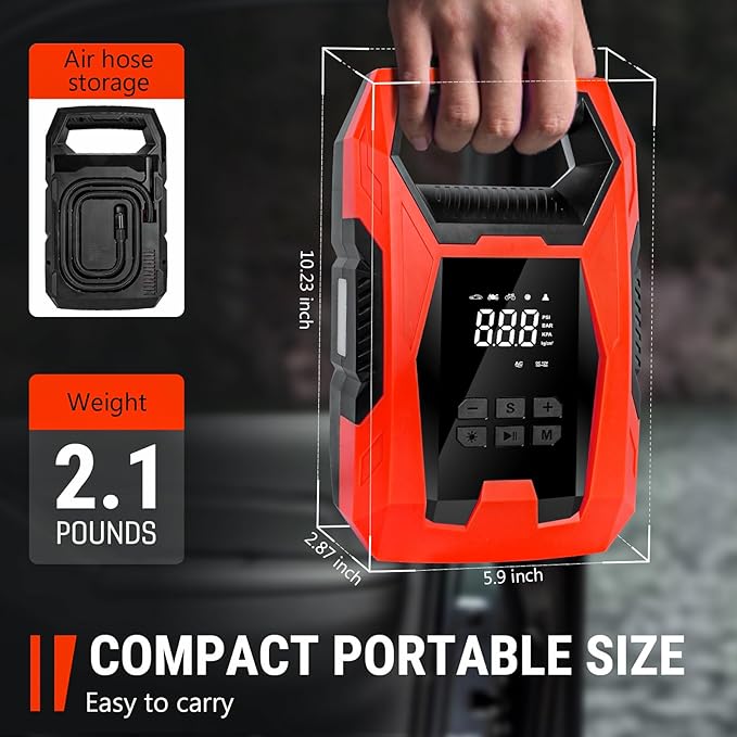 CARSUN AC/DC Tire Inflator Portable Air Compressor, Dual Power for Home 110V AC and Car 12V DC Air Pump with Pressure Gauge, Auto Shutoff, Tire Pump for Car Motorcycle Bike and Other Inflatables, Red