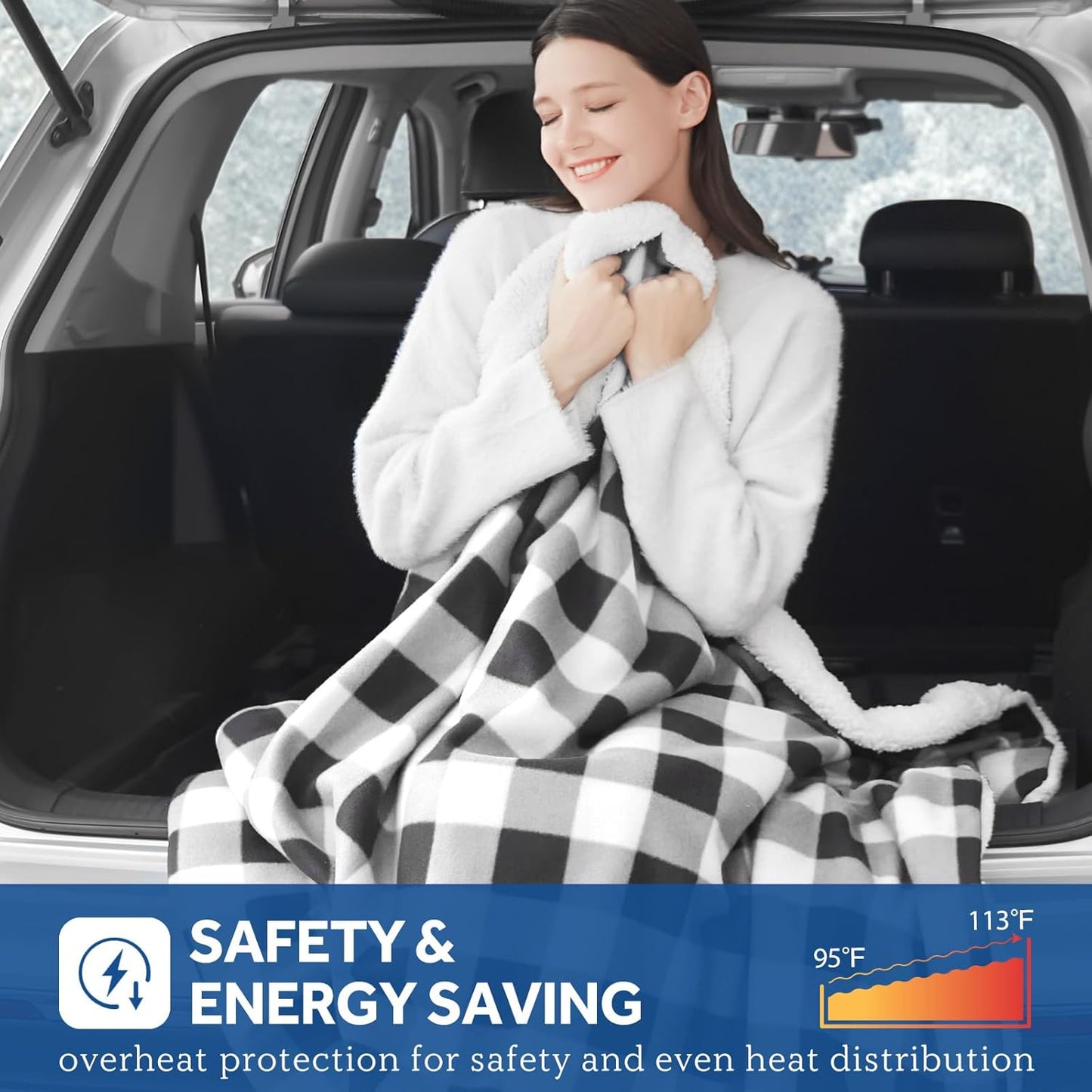 Sealy 12-Volt Heated Car Blanket, Portable Electric Blanket with 3 Heating Levels & 4 Hours Auto Off for Car, Truck, SUV, RV or Camping, Machine Washable, 59" X 43", Plaid