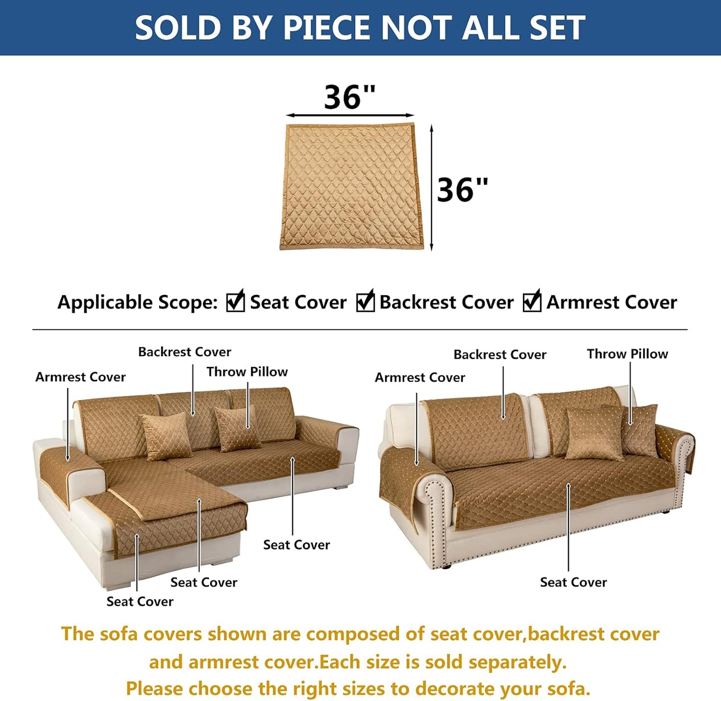 Eismodra Couch Cover,Sectional Couch Covers,Sofa Covers for 3 Cushion Couch,Anti-Slip Sofa Slipcovers for Dogs Cats Kids Loveseat Recliner L Shaped Armrest Backrest,Coffee 36''x36''(Only 1 Piece)