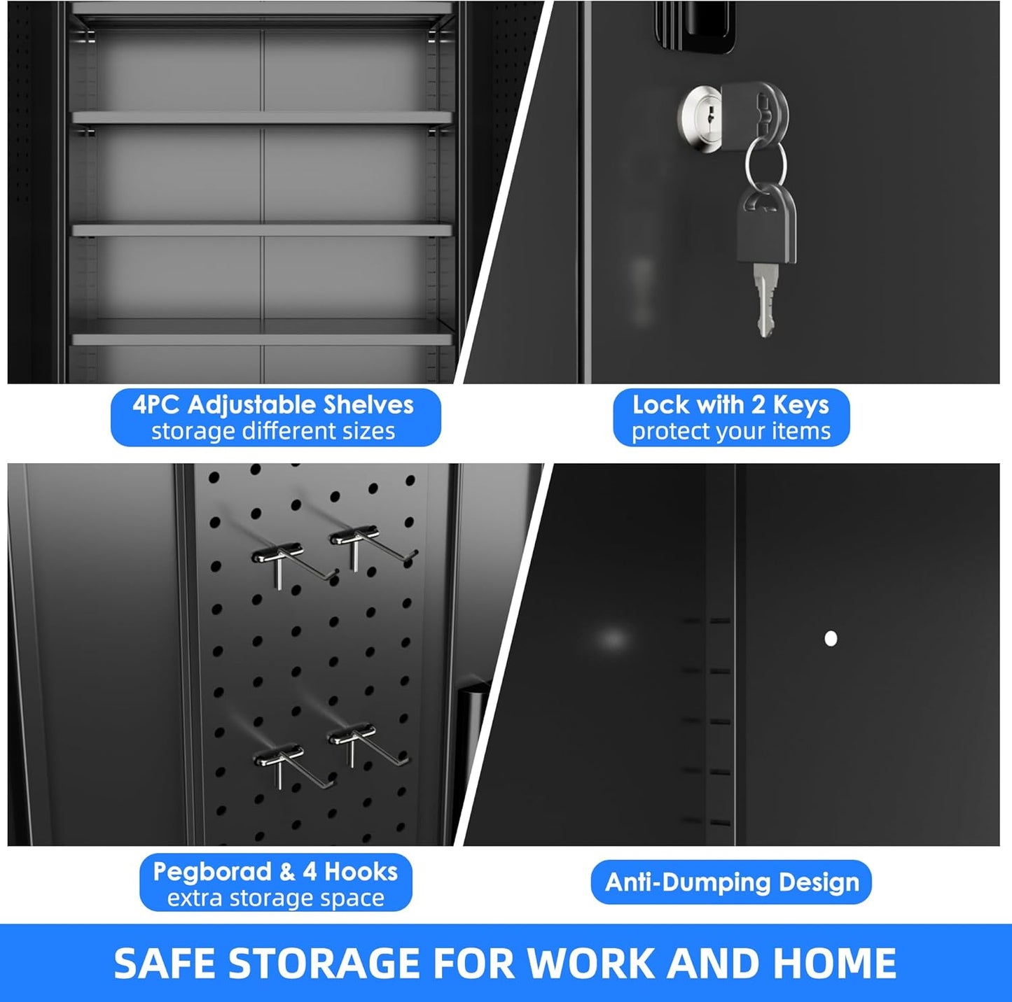 Metal Storage Cabinet with Wheels, Pegboard and 4 Hooks, 73" H Garage Storage Cabinet with 4 Adjustable Shelves and 2 Lockable Doors for Garage Home Office Warehouse, Black, Assembly Required