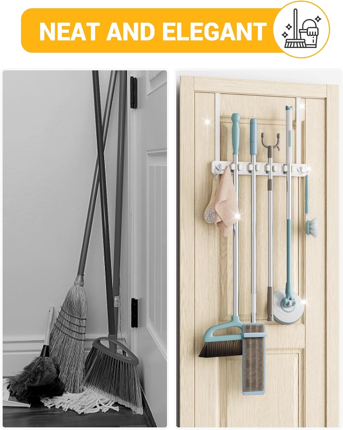 Lorbro Broom Holder Door Mount, Over the Door Broom and Mop Holder with 2 Over Door Hooks, Wood Broom Hanger, Tool Rack Organizer for Laundry, Garage, Closet, Kitchen Decor, 4 Slots & 4 Hooks Rustic
