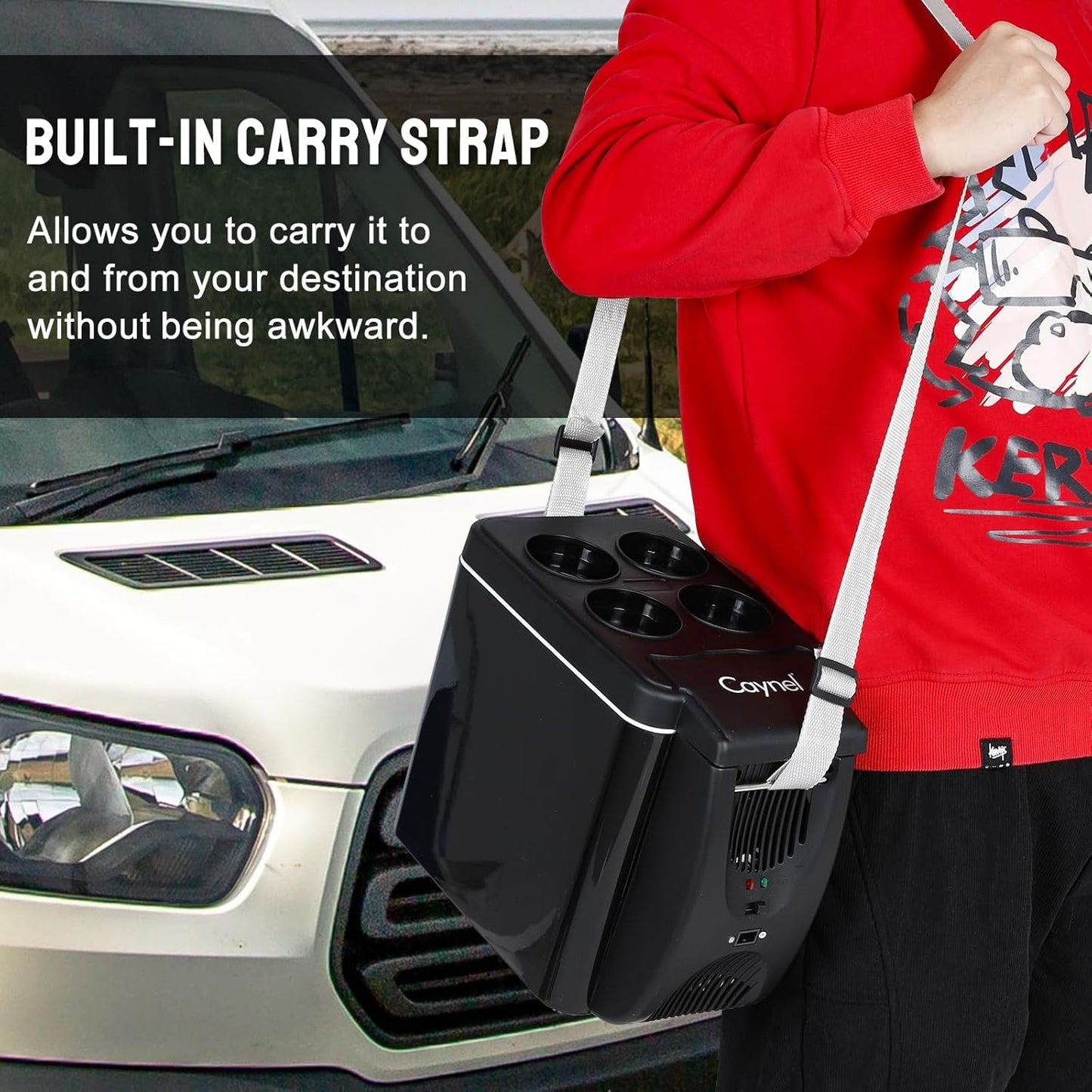 CAYNEL 12V 6 Quart Personal Thermoelectric, 6 Liter Capacity, Portable Electric Cooler Warmer with 12V DC, Small Fridge for Car, RV, and Camping Use