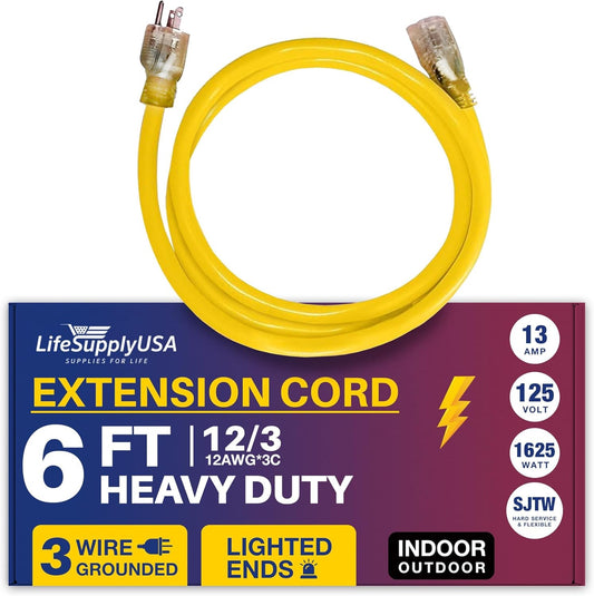 6ft Outdoor/Indoor Extension Cord 12/3 Gauge Extra Heavy Duty 3 Prong SJTW, Waterproof, Flexible Cold-Resistant Long Power Cord,15A 125V 1875W, Yellow by LifeSupplyUSA