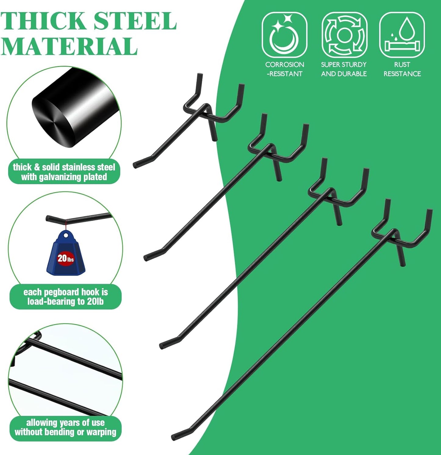 60Pcs 2" 4" 6" 8" Pegboard Hooks Assortment Set, Metal Peg Board Hooks with 2.5mm Hole Pitch 4mm Wire Diameter Slatwall Hanging Hook for Garage Organization Wall Hanging (Black)