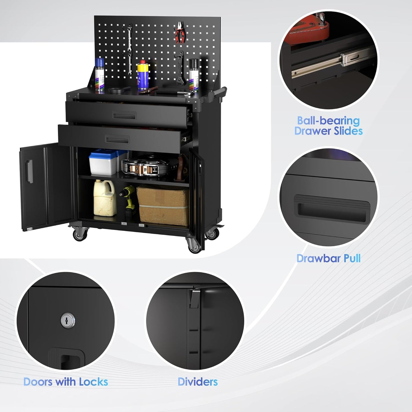 Tool Chest, Tool Cart with 2 Drawer and Lockable Doors, Garage Storage Cabinet with Wheels, Pegboard and 4 Hooks for Garage, Workshop, Metal Tool Storage Cart