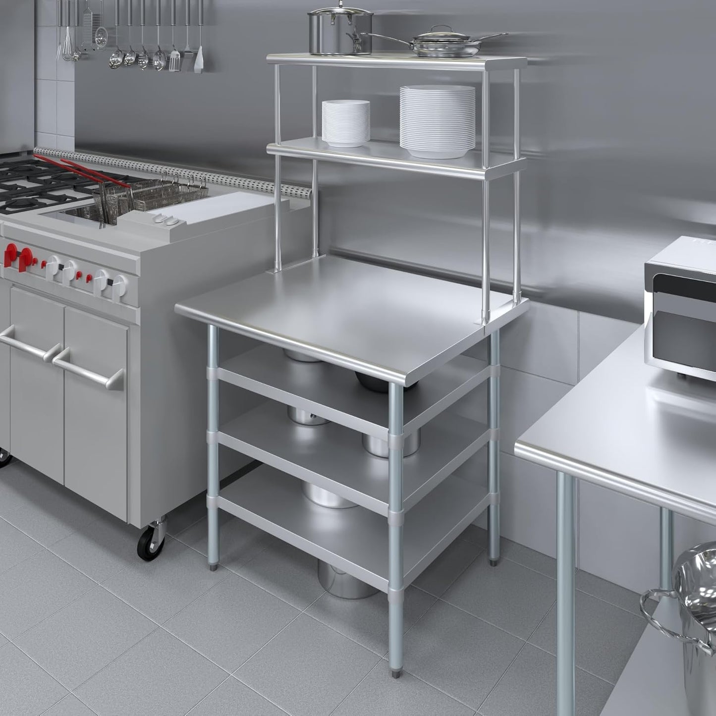 Amgood 30" x 36" Stainless Steel Work Table with 3 Shelves and 12" Wide Double Tier Overshelf | Metal Kitchen Prep Table & Shelving Combo | NSF