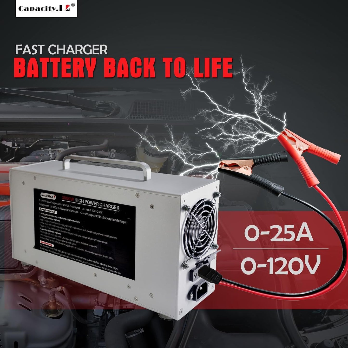 High Power Battery Charger, 0-120V Upgraded Design LifePO4 Battery Charger, One Click Control Adjustable Current/Voltage for LiFePO4 Lithium Iron Rechargeable Battery((0-25A)