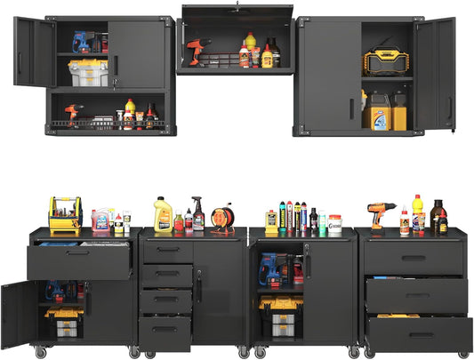 Metal Tool Cabinet,Garage Storage Cabinet System,Wall Cabinet & Locking Rolling Tool Cabinet with Doors and Adjustable Shelves,Steel Tool Cabinets for Home,Office (7 Pcs-StyleA, Black)