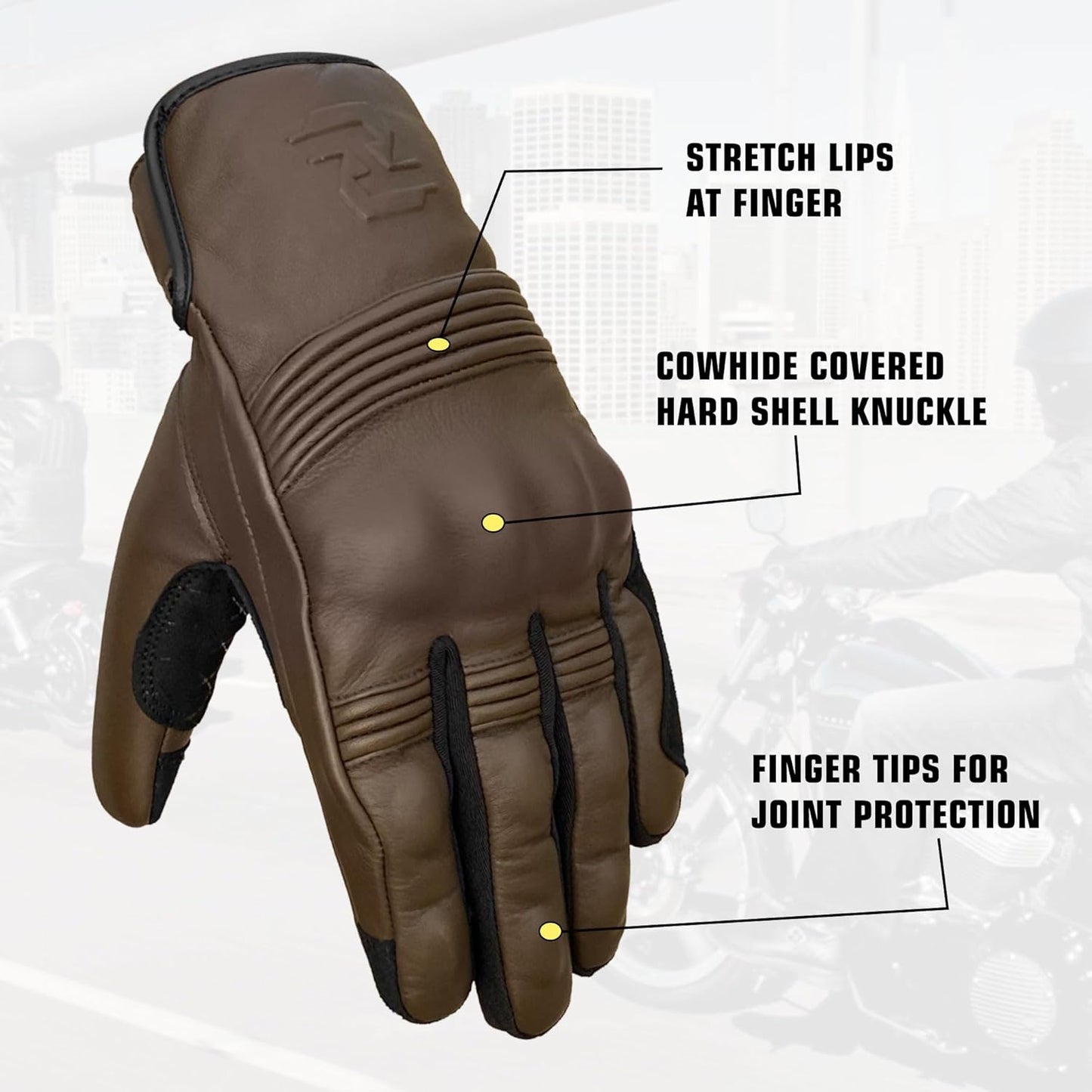 Leather Motorcycle Gloves for Men and Women | Touchscreen | Full Finger | Goatskin Leather Hard Knuckle Motorcycle Riding Gloves (Classic Brown, Medium)