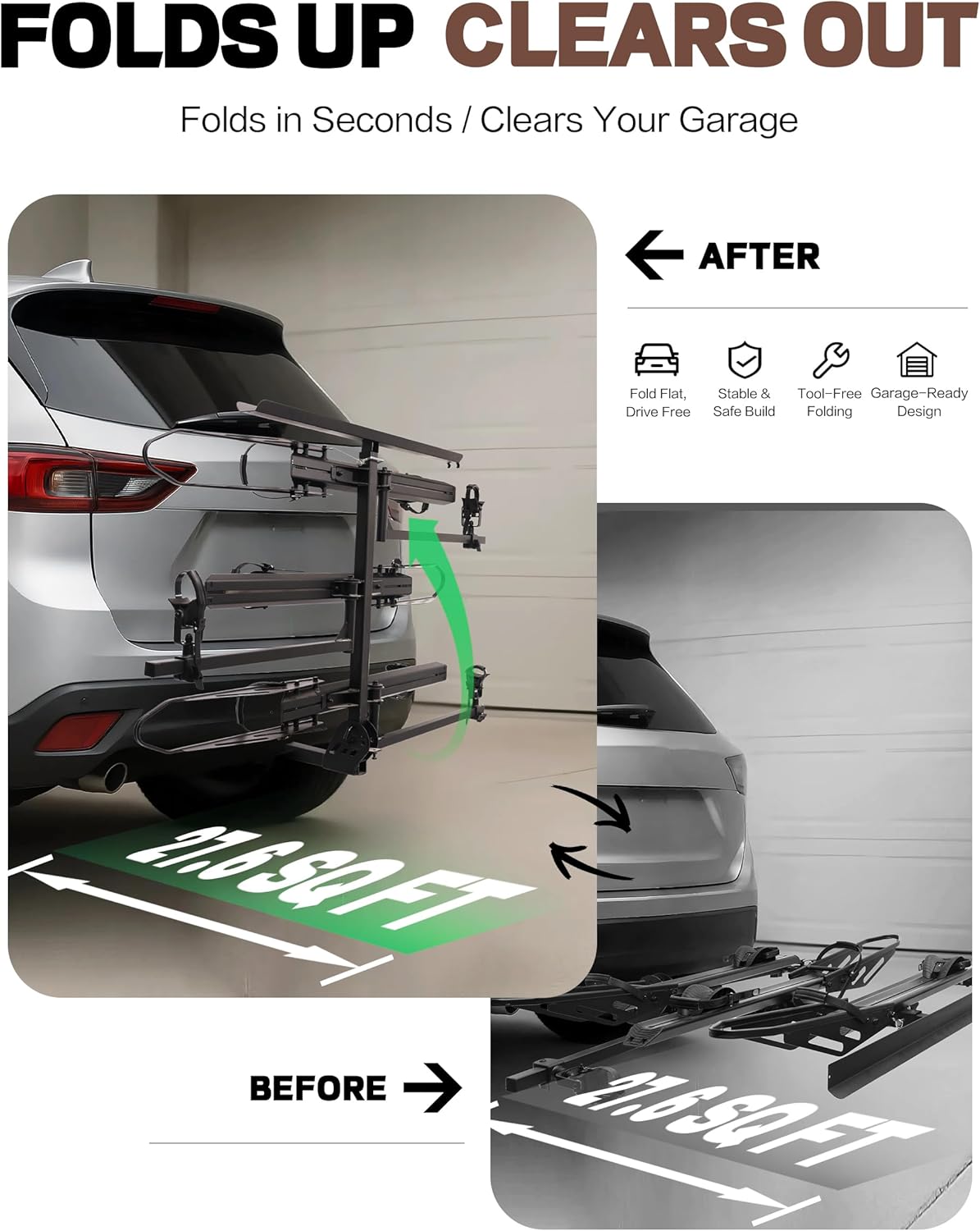 Young 250LBS. Capacity Foldable Aluminum 3-Ebike Rack with Ramp for Car SUV RV Truck Trailer and Van, Fits up to 5" Fat Tire Width and 50" Wheelbase, Ebike Carrier Rack for 2" Receiver