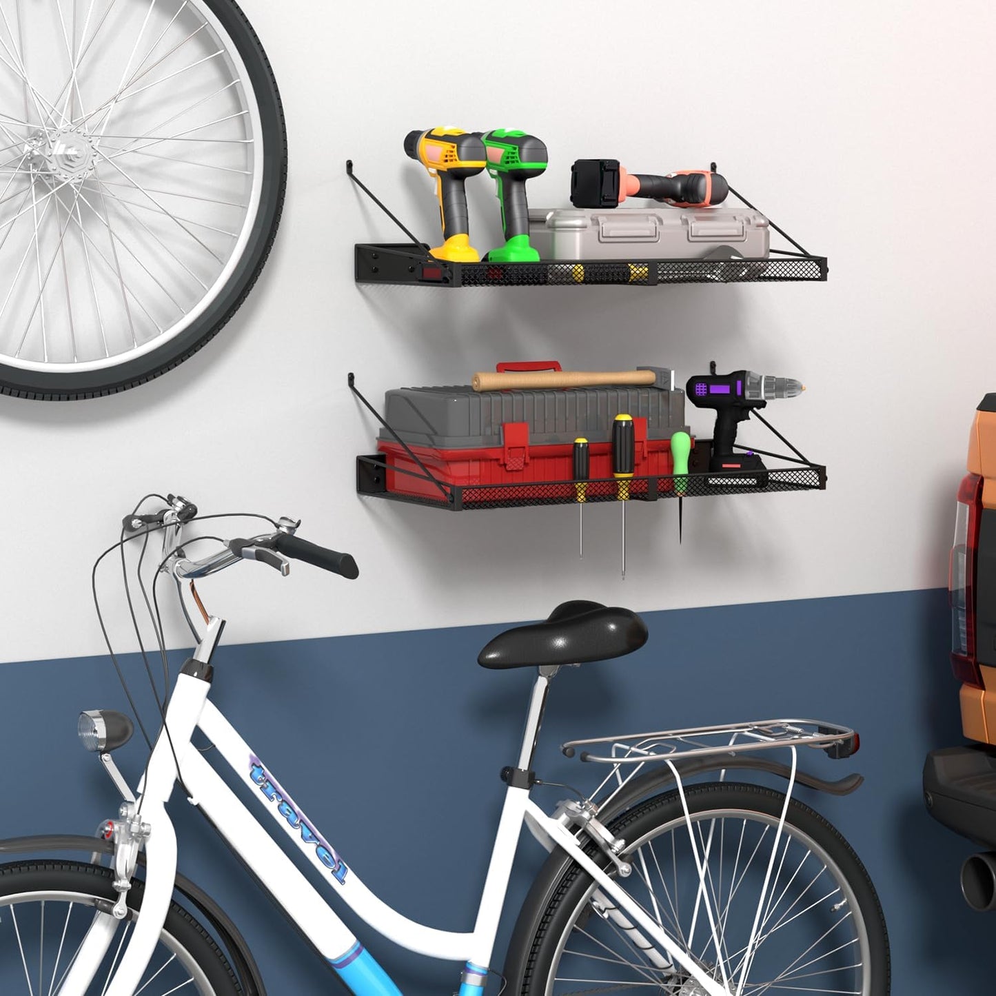 Garage Wall Shelf (2PCS-23.6"x12"x2.2") Steel Wall Shelf Storage Rack-design of TRIANGULAR BRACKET, Wall Mount Heavy Duty Metal Shelves Mesh Storage Rack for Garage, Office, Basement Kitchen, Closet