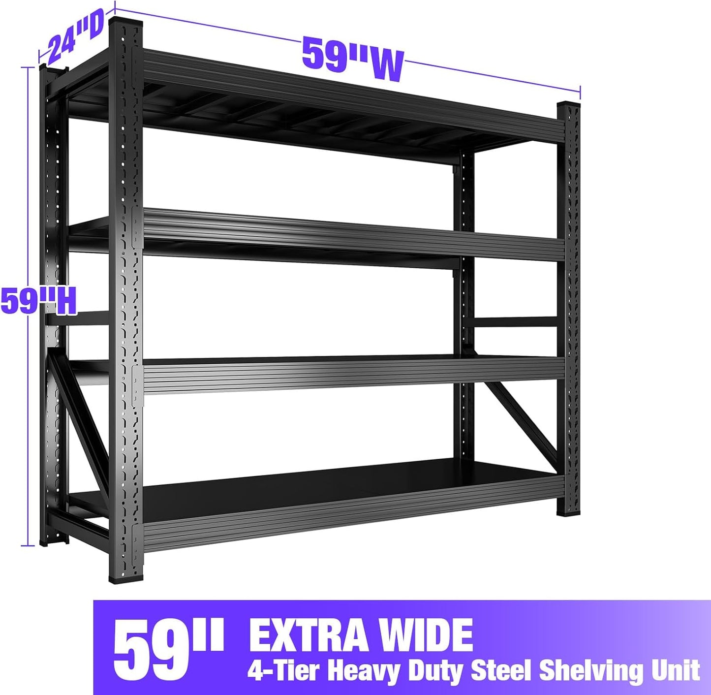 6000LBS Garage Shelving Heavy Duty, 4-Tier 59" W Storage Garage Shelves, Industrial Adjustable Metal Shelving Units for Garages, Warehouses, Kitchen, Black, 59" W x 24" D x 59" H