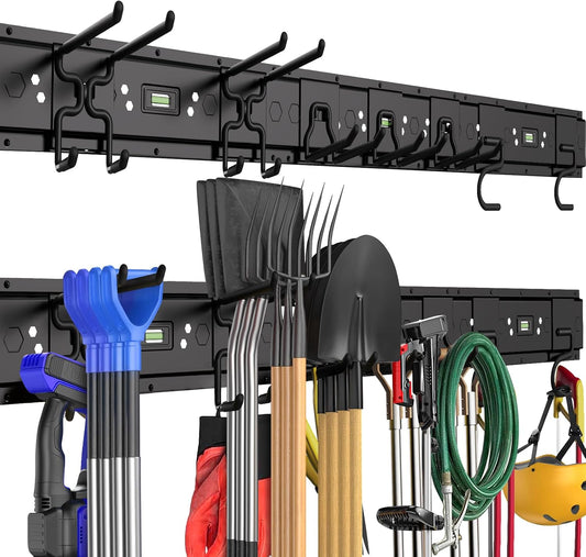 Garage Tool Organizer Wall Mounted, 48 Inches Adjustable Lawn Tool Organizers for Garage, 7 Adjustable Wall Hooks Heavy Duty Yard Tool Organizer Hold Up to 600lbs