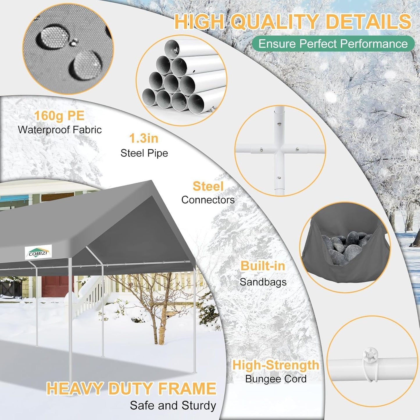 COBIZI Carport 12x20ft Heavy Duty Portable Garage, 2.0 Powder Coated Frame(Better Than Galvanized), Waterproof Shelter with Built-in Sandbags, for Car/Boat/SUV, Gray