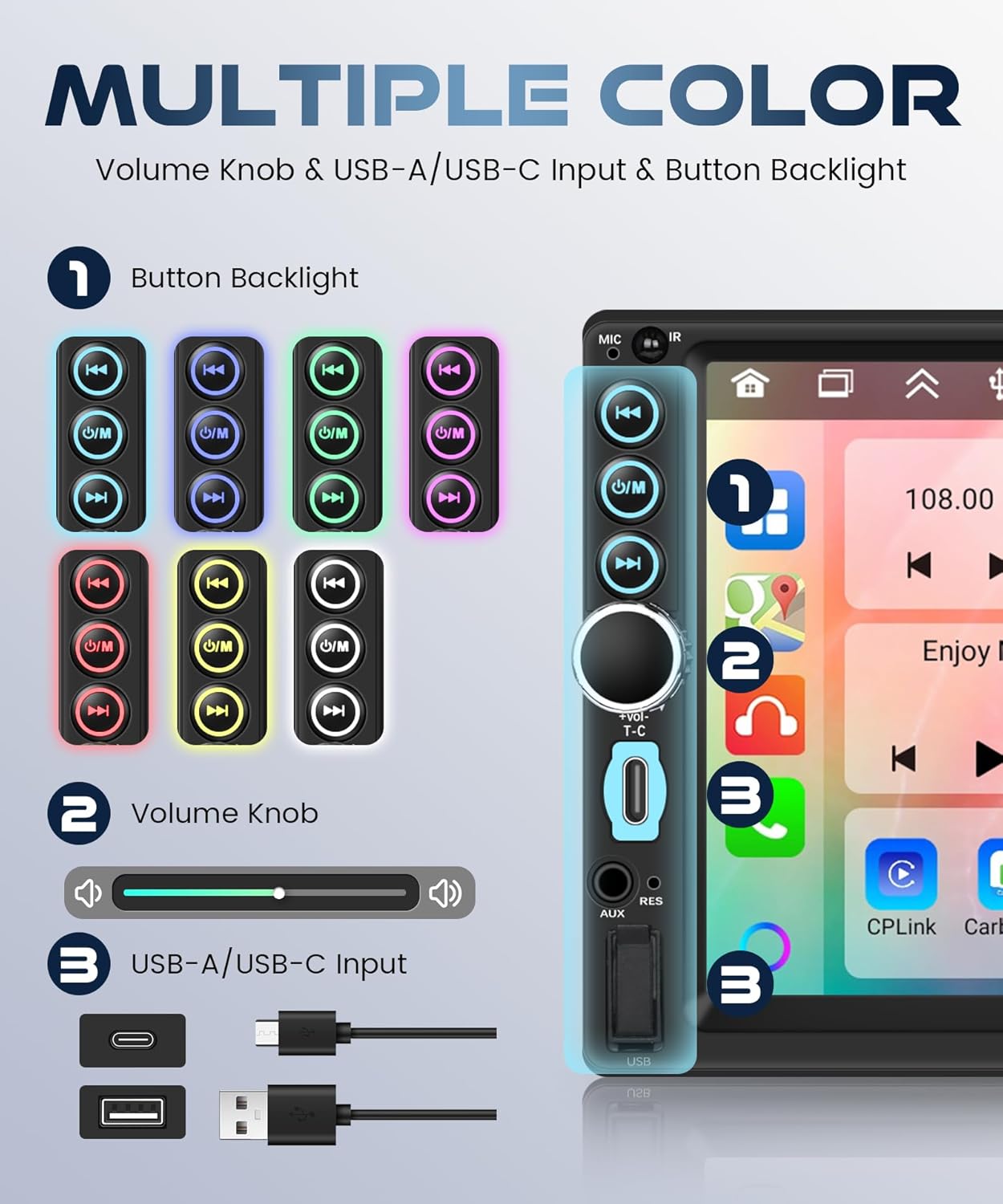 4GB+64GB Double DIN Car Stereo 8 CORE Android 13.0 Head Unit, Wireless CarPlay & Android Auto, 7-Inch Touch Screen Car Radio with BT5.0 EQ Mirror Link Volume Knob Back Light SWC Backup Camera USB-C