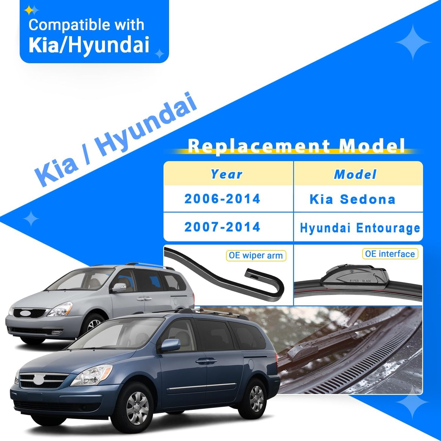 Windshield Wiper Blades Replacement for 2006-2014 Kia Sedona / 2007-2014 Hyundai Entourage Original Factory Quality Front Rear Wipers Blade Set for My Car - 26" 18" 16" (Pack of 3)