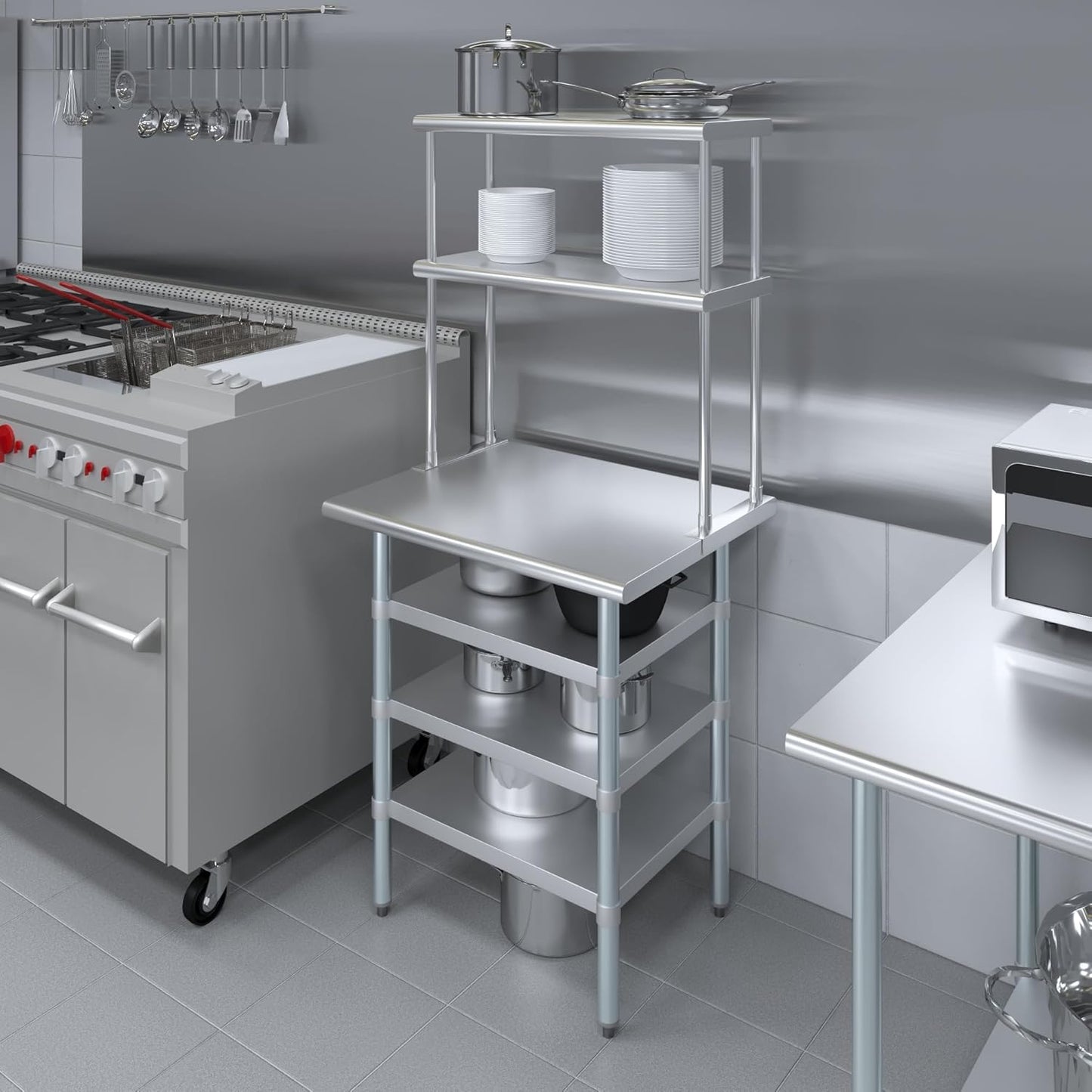 Amgood 24" x 30" Stainless Steel Work Table with 3 Shelves and 12" Wide Double Tier Overshelf | Metal Kitchen Prep Table & Shelving Combo | NSF