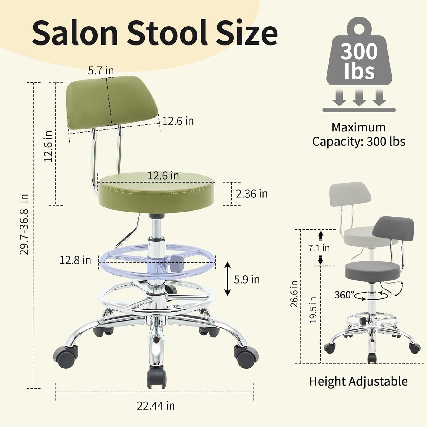 Height Adjustable Stool 19.5’’-26.6’’, Rolling Chair with Back and Footrest, Green Esthetician Stool Ergonomic (Green)