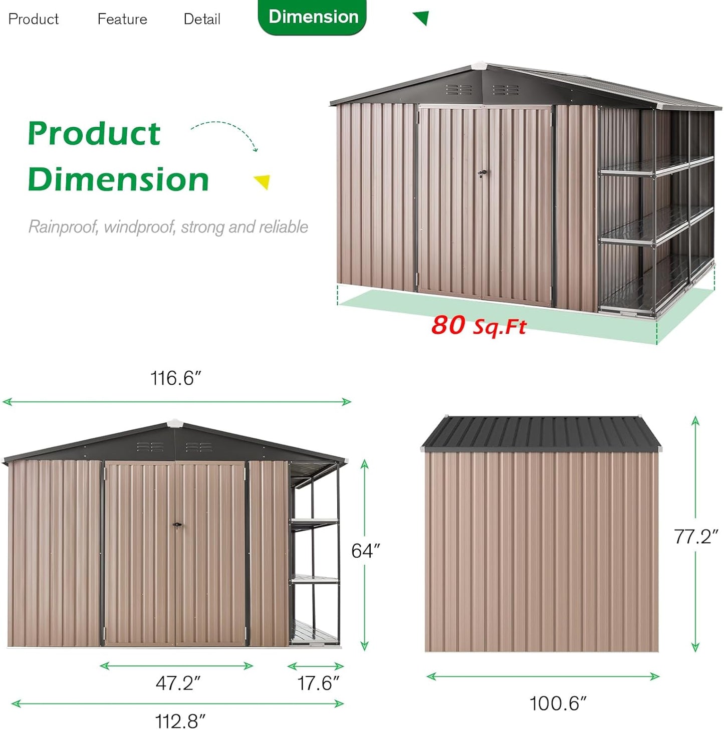 AECOJOY 10x8 Metal Storage Shed with Rack, Gray, Large Outdoor Storage Tool Utility Shed with Shelves, Weather Resistant, 263 lbs, 77.2"H x 112.8"W x 100.6"D