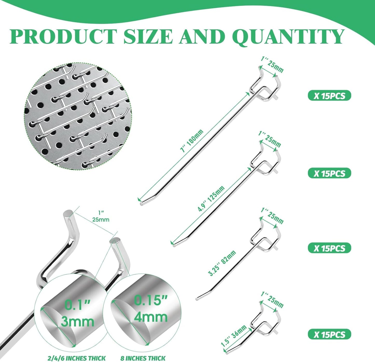 60Pcs 2" 4" 6" 8" Pegboard Hooks Assortment Set, Metal Peg Board Hooks with 2.5mm Hole Pitch 4mm Wire Diameter Slatwall Hanging Hook for Garage Organization Wall Hanging (Silver)