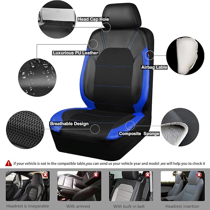 CAR PASS Air Mesh Leather Car Seat Covers Full Set, Waterproof Car Floor Mats, Sporty Steering Wheel Cover 14.5-15in, Universal Fits for 95% Cars Truck SUV (Black and Blue)