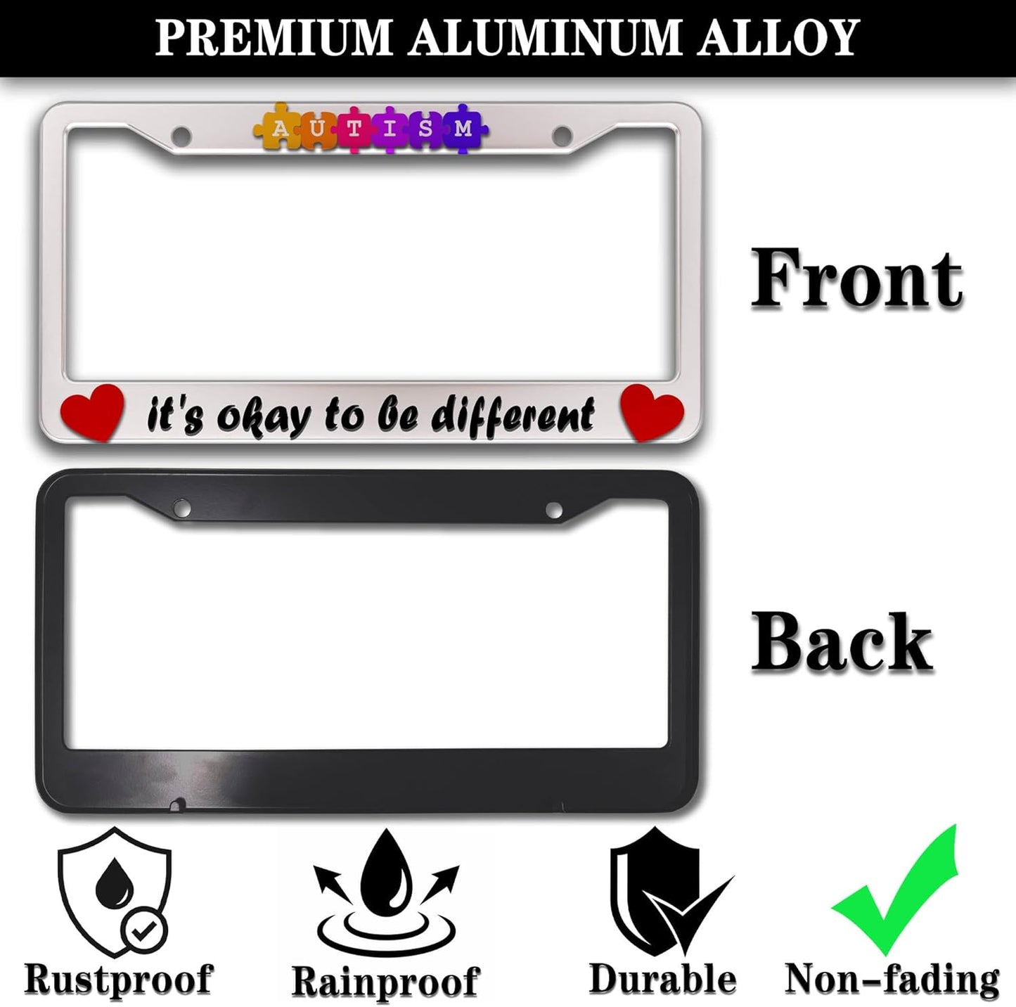 Automotive Exterior Accessories Multicolor License Plate Frames Autism It’s Okay to Be Different Aluminum Metal Car Accessory 2 Pack with Screw Covers Set