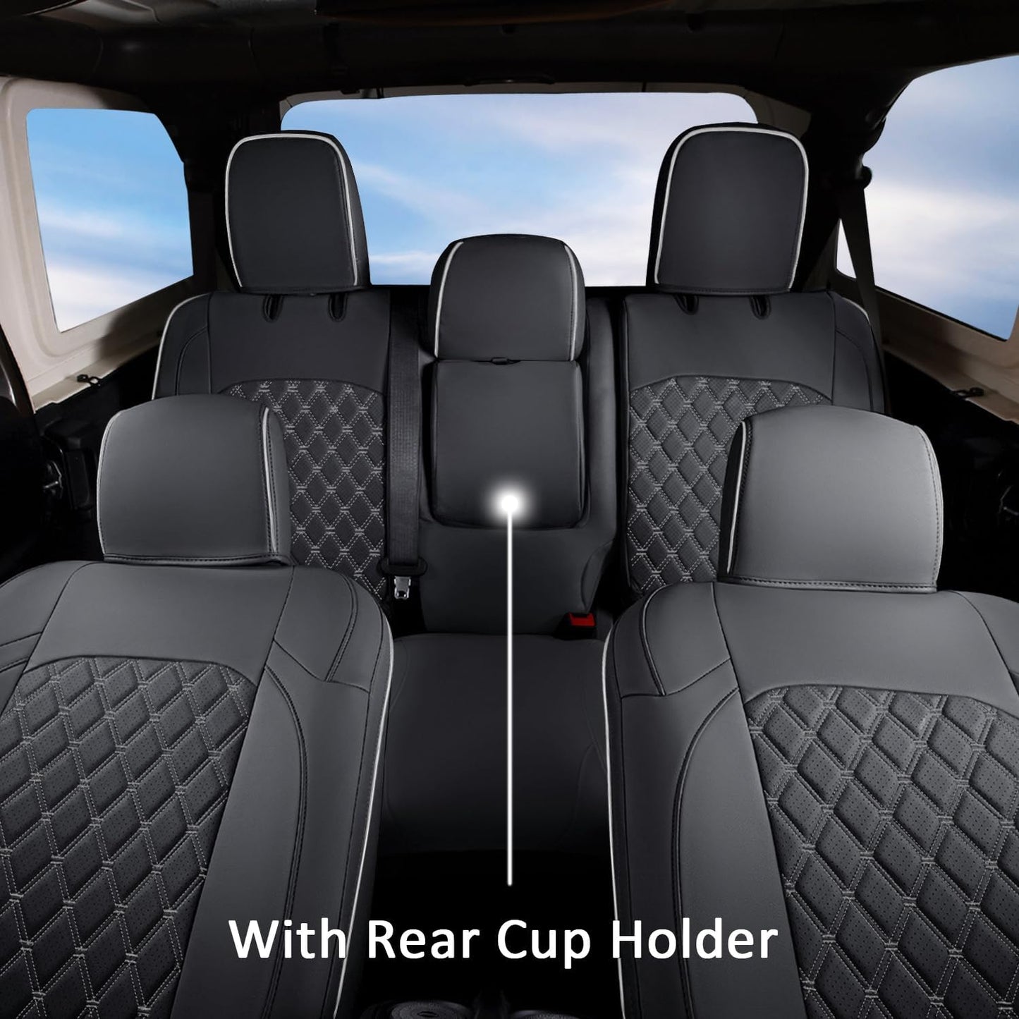 GIANT PANDA Fit Full Set Car Seat Covers for Jeep Wrangler 4 Door JL Sahara Altitude Rubicon 392 Unlimited 2018 2019 2020 2021 2022 2023 2024 2025 with Rear Cup Holder,Faux Leather - (Black+Gray)