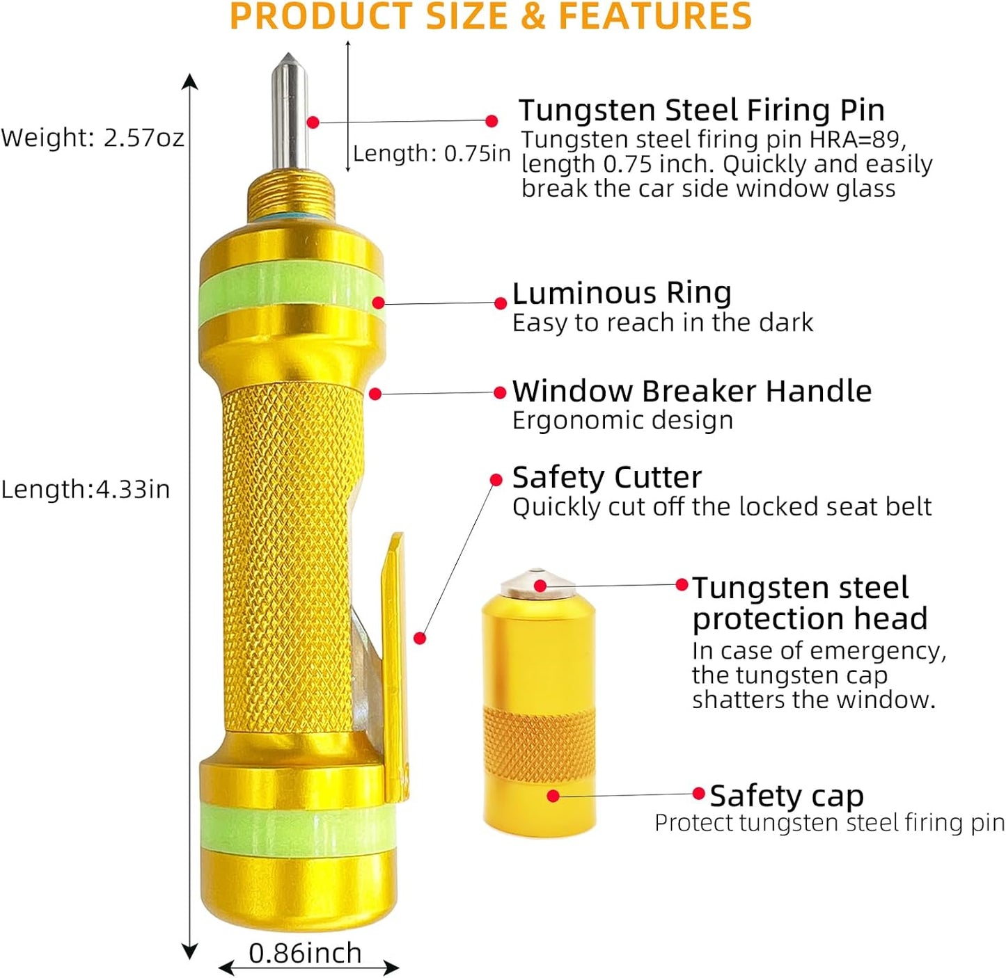 Allelic Car Window Breaker Tool, Window Breaker Seatbelt Cutter, Window Breaker, Glass Breaker, Spring-Loaded Window Breaker for Land & Underwater (Gold, 2 PCS)