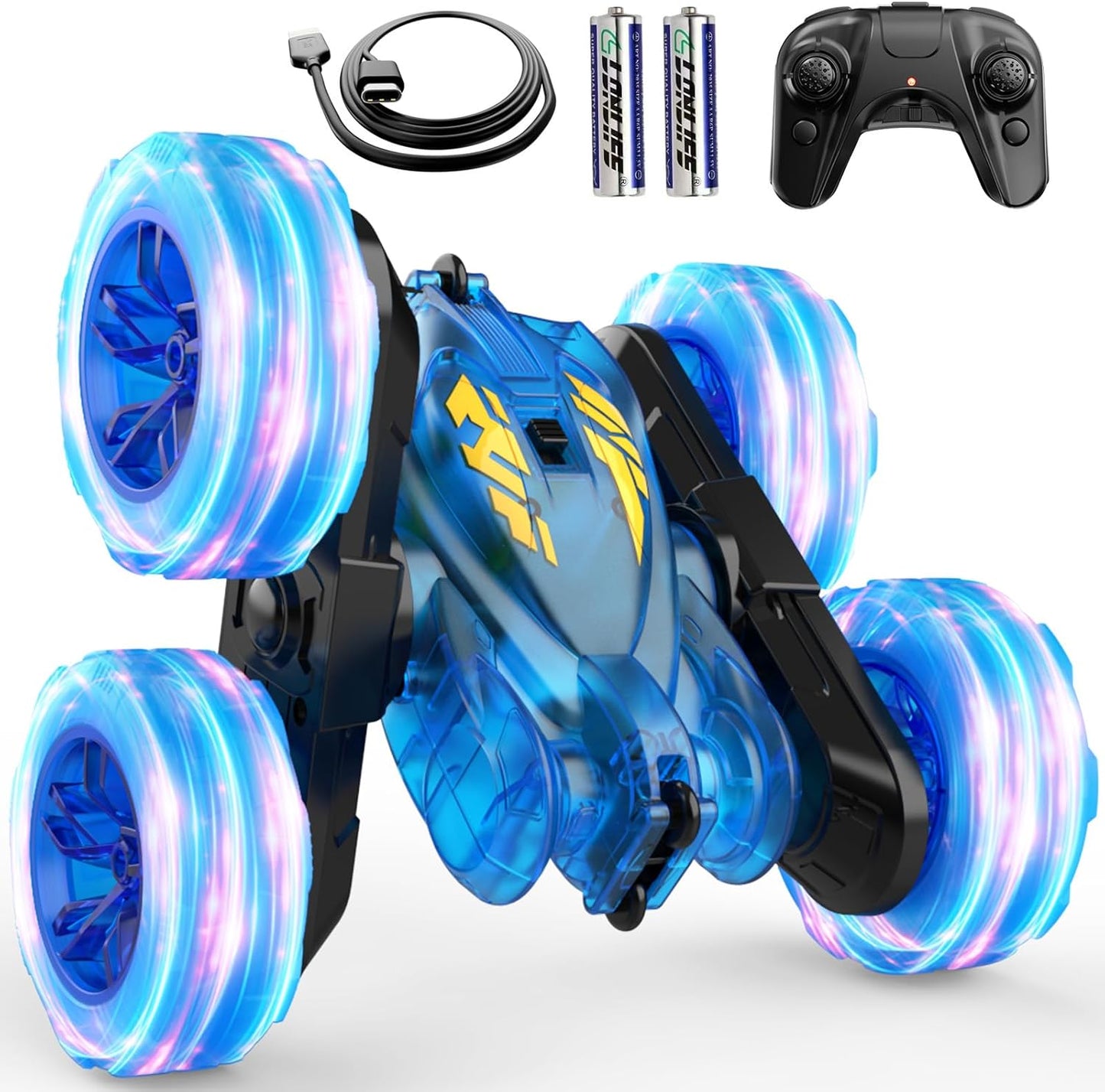 Remote Control Car,Stunt RC Cars for Kids with Colorful Light,Fast USB-C Charging,Double-Sided 360° Rotating Rechargeable 4WD RC Truck Car Toys for Ages 5-7 Gift for Boys Girls Ages 8-12(Blue)